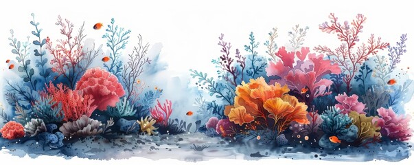 Abstract coral reef with marine life and corals in watercolor on white.