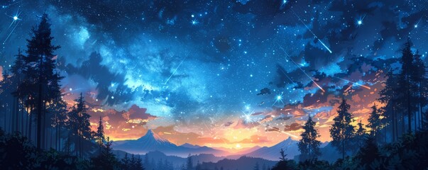 Abstract night sky with shooting stars in watercolor.