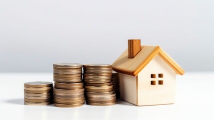 House model and coins on white background, saving money for buy a house concept