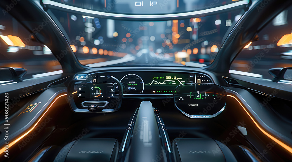 Poster A sleek black futuristic car dashboard that looks like it's floating in mid-air with a large display showing a 3D view of the road and surrounding vehicles. Generative AI.