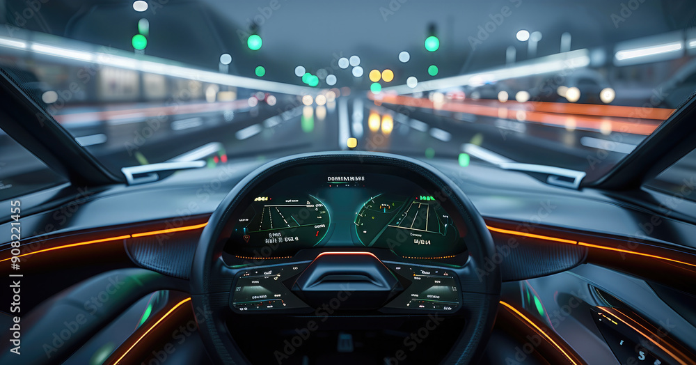 Poster A sleek black futuristic car dashboard that looks like it's floating in mid-air with a large display showing a 3D view of the road and surrounding vehicles. Generative AI.
