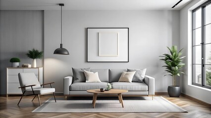 Minimalist Living Room with Black and White Photography Poster Mockup  Generative AI