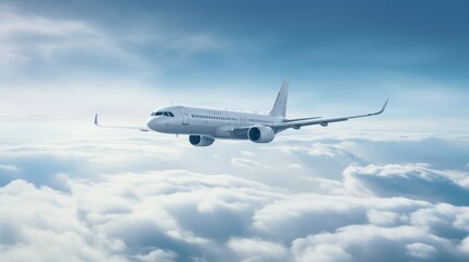 Commercial airplane flying above clouds in the blue sky.