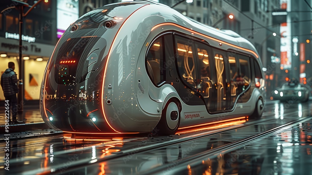 Poster futuristic bus in a modern city. generative ai.