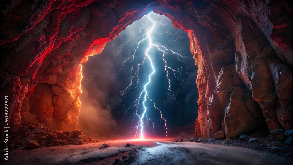 Poster red lightning illuminating a cave entrance generative ai