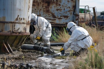 Toxic Cleanup: Team of Environmental Engineers Performing Horizontal Hose Coupling Inspection for Petroleum Spillage Protection