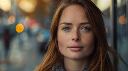 Obraz premium Portrait of a relaxed caucasian woman on a busy city street during autumn