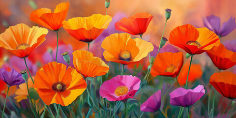 Vibrant poppies in bloom, colorful enchanting field of flowers, serene nature illustration, floral painting concept