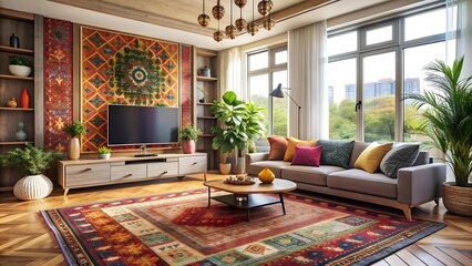 Bohemian Living Room with Colorful Rugs and Wall-Mounted TV  AI generated