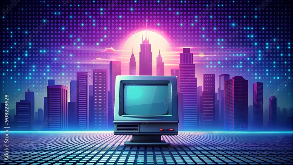 Aufkleber pixelated dreams: a retro halftone computer in a futuristic cityscape generative ai