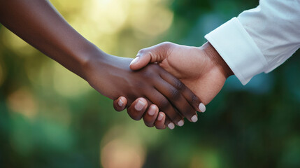 Close up of two lovers' hands intertwined in nature on a sunny day together