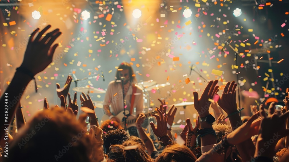 Poster crowds celebrating with joyful a band. generative ai.