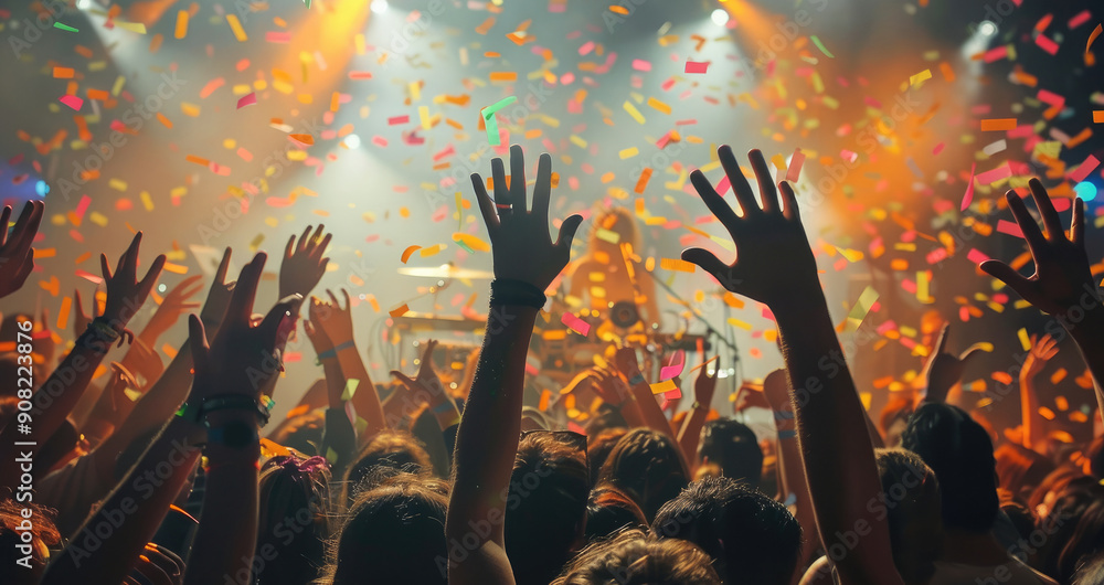 Poster crowds celebrating with joyful a band. generative ai.