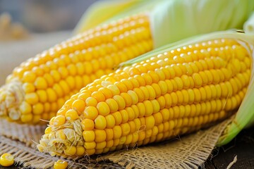 Fresh corn on cob on wooden table. Selective focus.