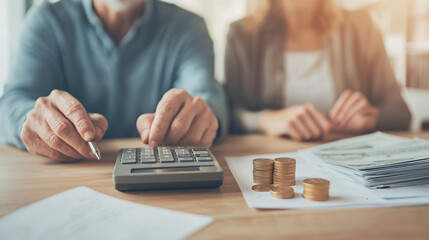 Fototapeta premium Elderly Couple Using Calculator at Home - Man and Woman Sitting in Living Room, Managing Home Finances and Budget, Coins and Tax Bills on Table Photo