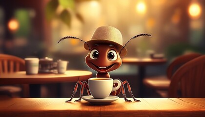 "Leafy Café Delights: An Ant's Serene Coffee Sip"