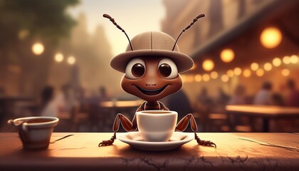 "Leafy Café Delights: An Ant's Serene Coffee Sip"
