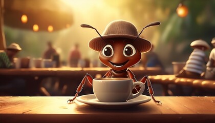 "Leafy Café Delights: An Ant's Serene Coffee Sip"