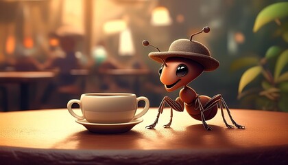 "Leafy Café Delights: An Ant's Serene Coffee Sip"