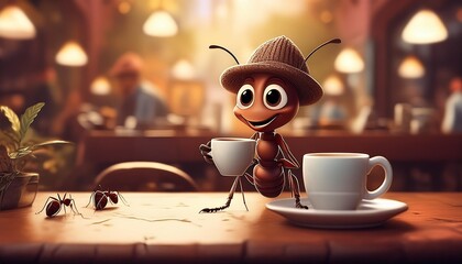 "Leafy Café Delights: An Ant's Serene Coffee Sip"