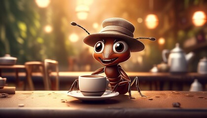 "Leafy Café Delights: An Ant's Serene Coffee Sip"