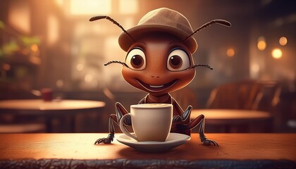 "Leafy Café Delights: An Ant's Serene Coffee Sip"