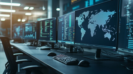 Naklejka premium Control Office Room Full of Monitors on Desk with World Map on Large Display Screen on Wall - Network Surveillance, Monitoring Center, Technical Support, Logistics, Server Station
