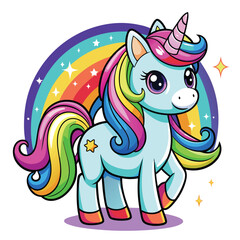 Naklejka premium Cute Unicorn Cartoon vector with rainbow mane and tail. Beautiful Unicorn Cartoon Vector on Background.
