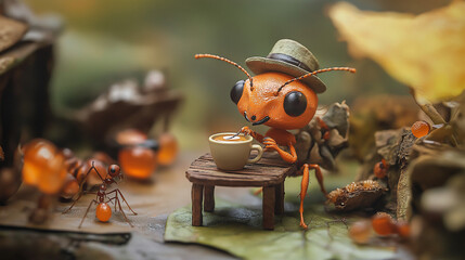 "Leafy Café Delights: An Ant's Serene Coffee Sip"
