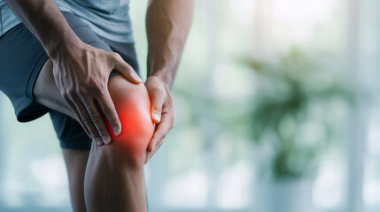 Closeup of Young Man with Knee Pain, Red Area Highlighted - Holding Hand on Leg, Male Athlete Workout Training Injury, Fitness Lifestyle Joint Hurt or Ache, Inflammation Arthritis,