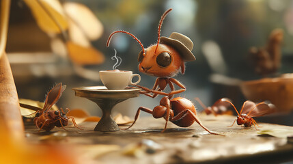 "Leafy Café Delights: An Ant's Serene Coffee Sip"