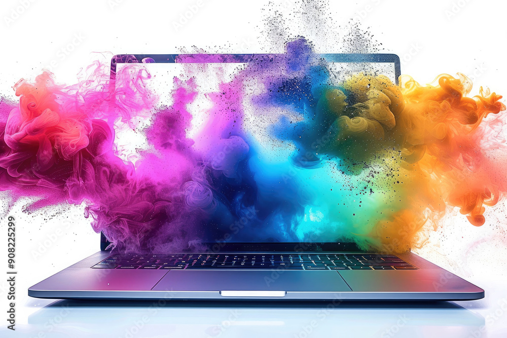 Aufkleber an open pc laptop on a white background, from its screen comes colorful magic. generative ai.