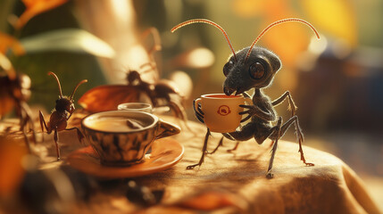 "Leafy Café Delights: An Ant's Serene Coffee Sip"
