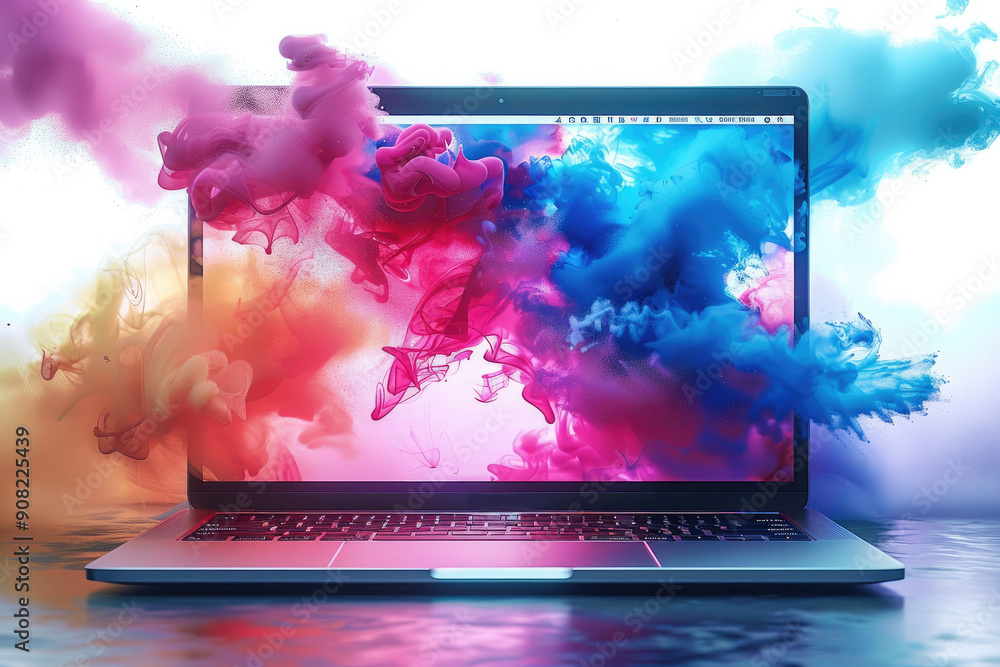 Aufkleber an open pc laptop on a white background, from its screen comes colorful magic. generative ai.