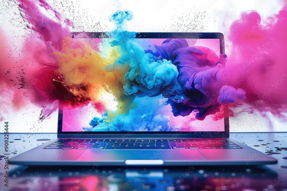 Poster an open pc laptop on a white background, from its screen comes colorful magic. generative ai.