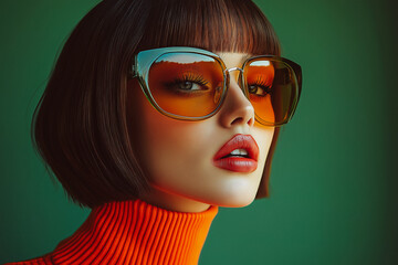 portrait of a woman with large sunglasses and orange turtleneck