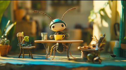 "Leafy Café Delights: An Ant's Serene Coffee Sip"