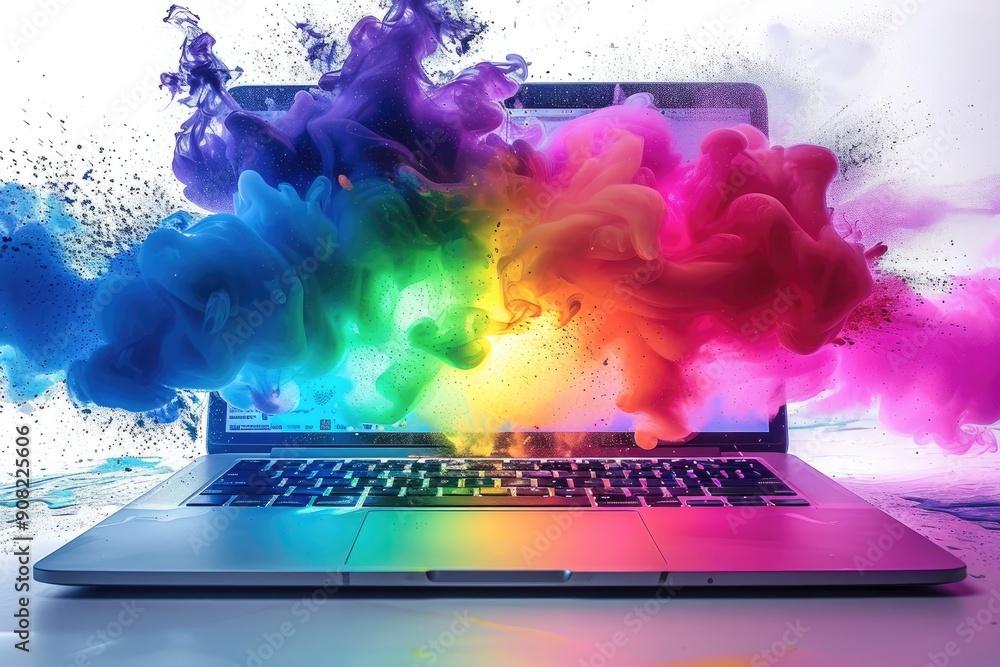 Poster an open pc laptop on a white background, from its screen comes colorful magic. generative ai.