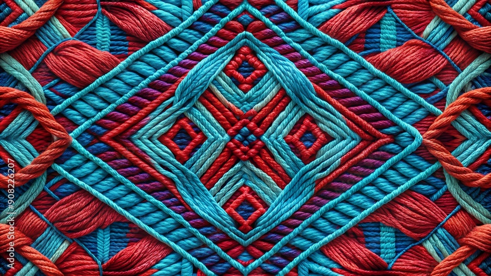 Poster crimson and azure in a digital tapestry: a woven abstract expression generative ai