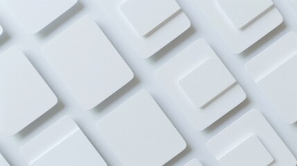 3d render, abstract white geometric background, minimal flat lay, twisted deck of square blank cards with rounded corners. 3D. Illustrations