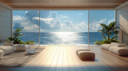 Living room, one huge window, with a view of the beautiful ocean in the background. Generative AI.