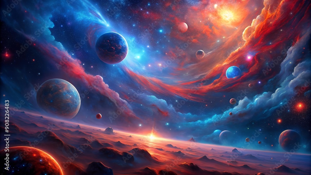 Aufkleber crimson and azure in a digital universe: a cosmic abstract journey generative ai