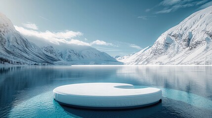 White podiums floating on frozen lakes are complemented by blue skies and snowy landscapes, creating a peaceful setting for exhibiting products. Generative AI.
