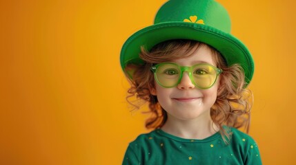 St Patricks Day Children. Little Irish girl celebrating Saint Patricks Day in green hat with clover glasses
