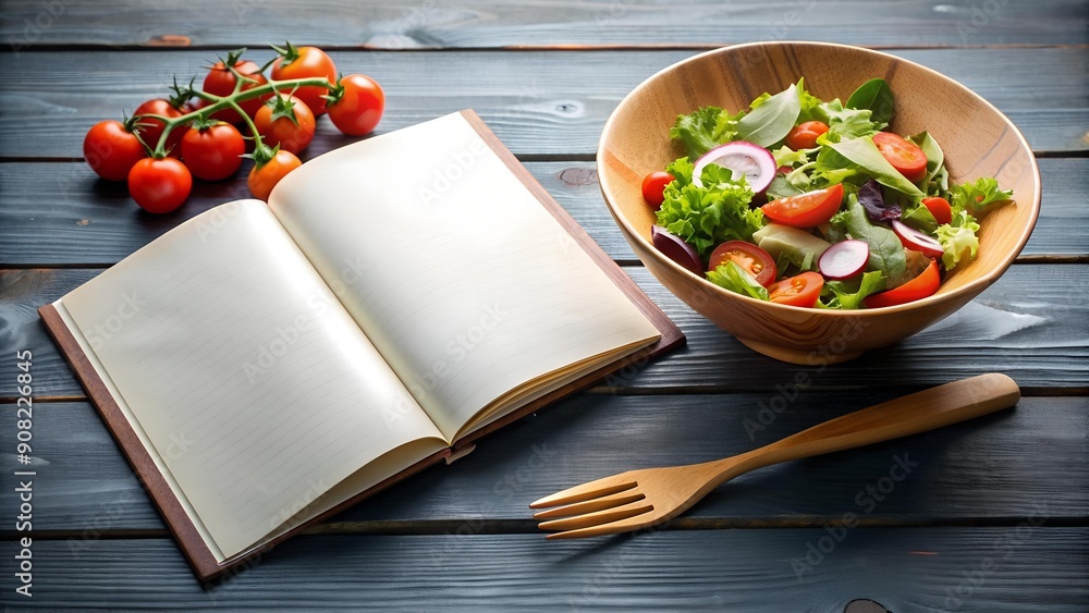 Aufkleber salad bowl and open cookbook: a culinary inspiration generative ai