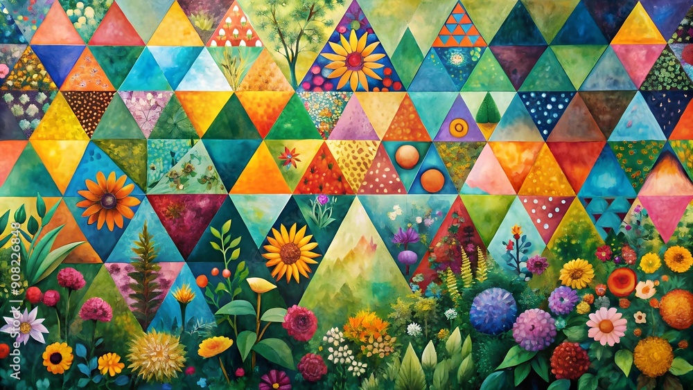 Aufkleber geometric bloom: triangles and circles in a garden of color generative ai