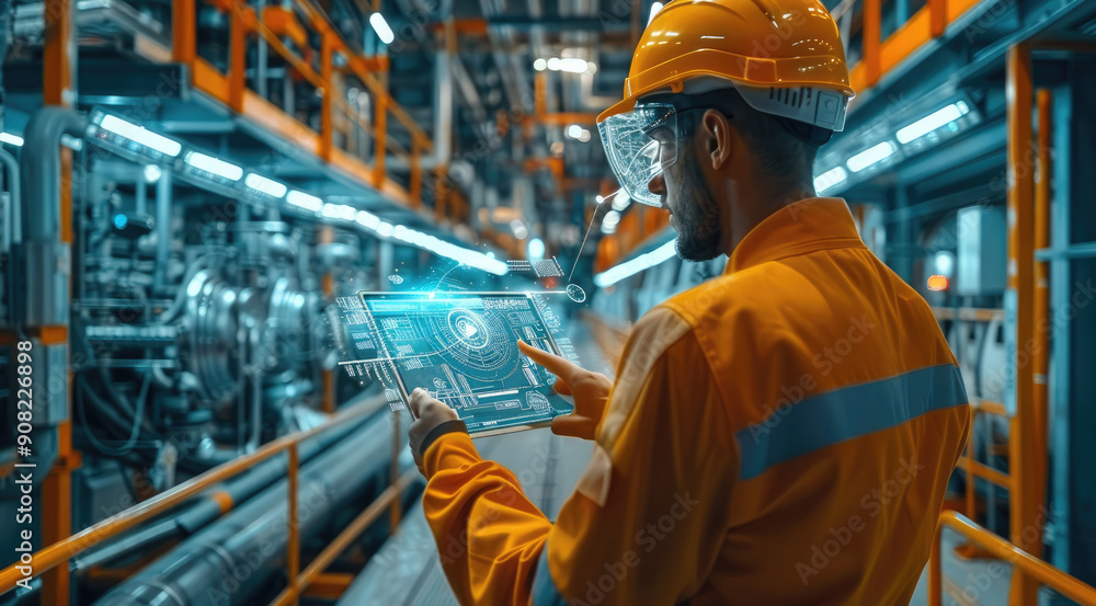 Fototapete an engineer in the foreground, holding and looking at his tablet with a futuristic screen displaying