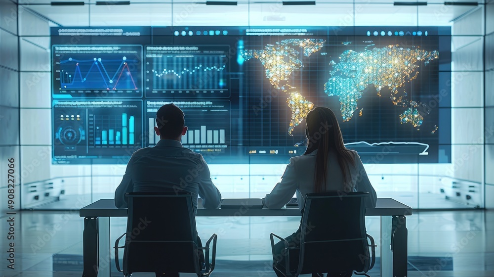 Poster Two business Users sitting with backs to viewer and watching at predictive analytics dashboards ahead of them on the wall. The wall contains huge dashboards that have different stats. Generative AI.