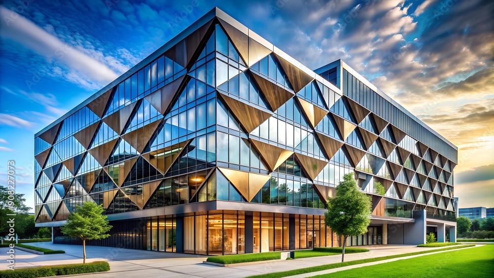 Poster a modern symphony: a building composed of geometric shapes and patterns ai generated