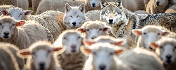 Obraz premium Wolf's Stare Through Sheep Herd - Close-up of a grey wolf's piercing gaze through a flock of sheep, highlighting the predator-prey dynamic